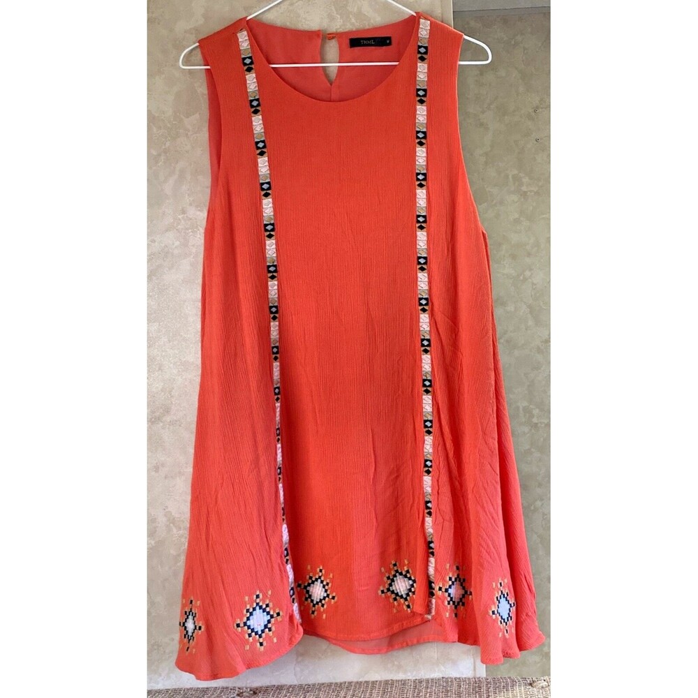 THML Womens M Sleeveless Embroidered Tunic Top Southwest Style Lined Red-Orange